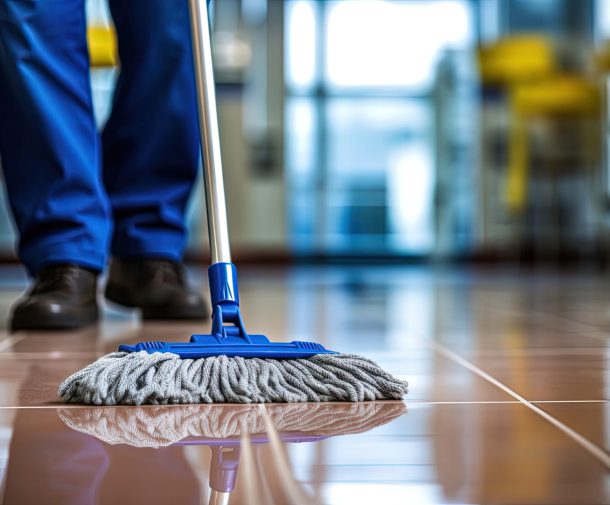 Cleaning service worker with mop in office closeup, Close up hand